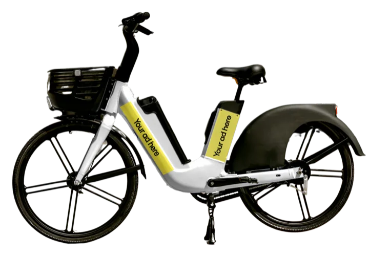 Robot.com branded e-bike with 'Your ad here' yellow placements