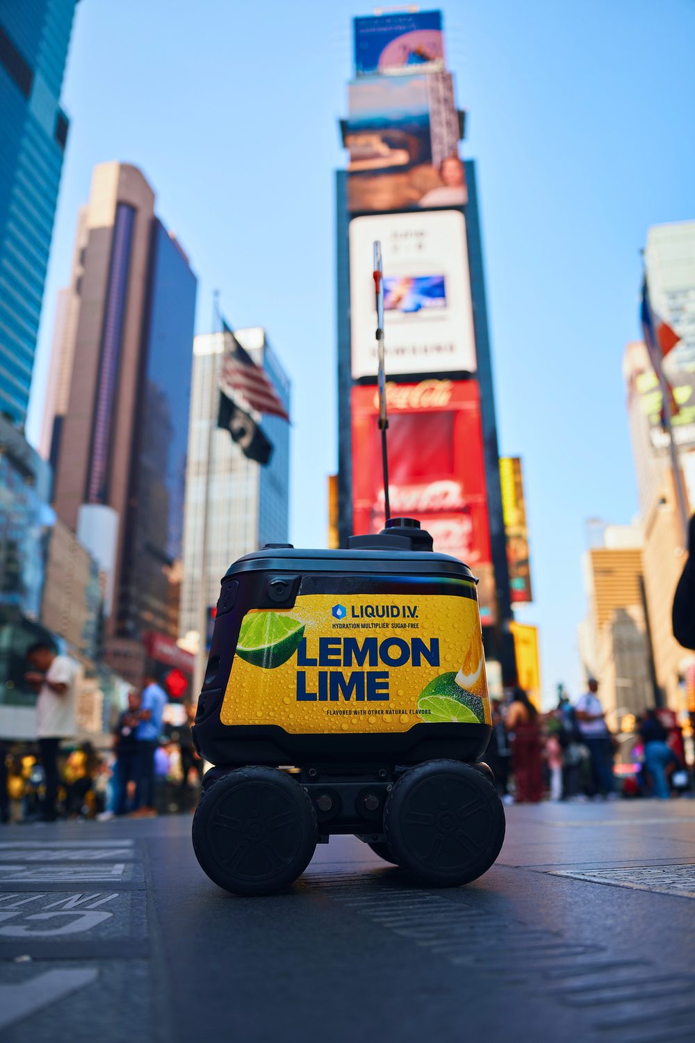 Branded delivery robot in a major US city fan zone